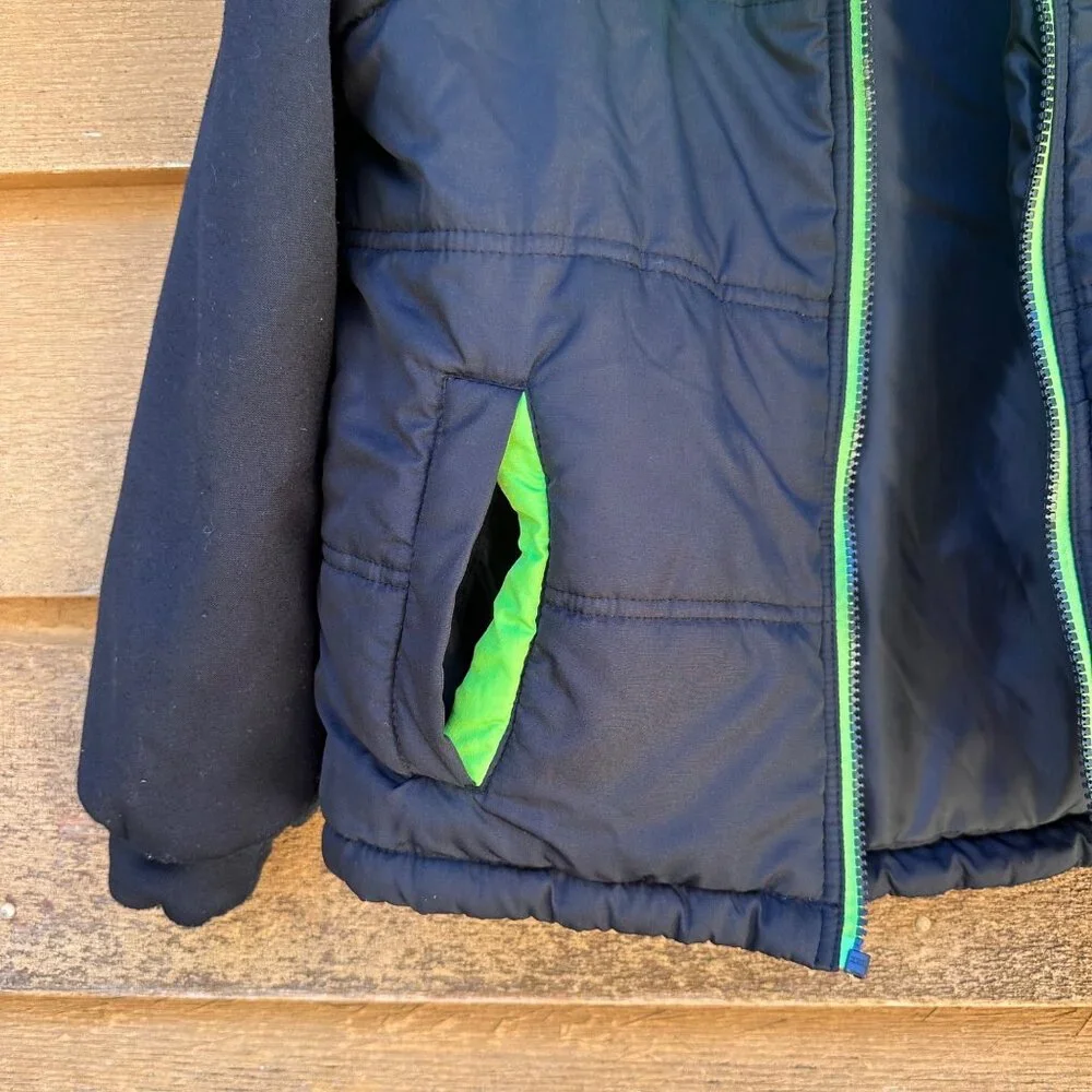 Pacific Trail Boys Hooded Puffer Jacket Black & Green Size S 8 Insulated Warm Co - Picture 7 of 10